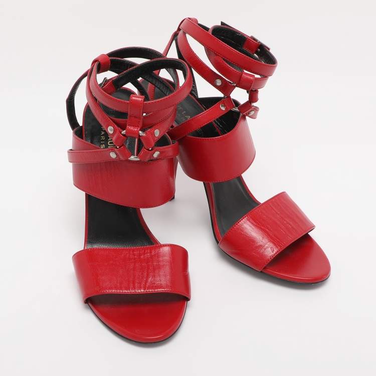 Pre Owned Saint Laurent Paris Red Leather Ankle Strap Sandals Size 38.5