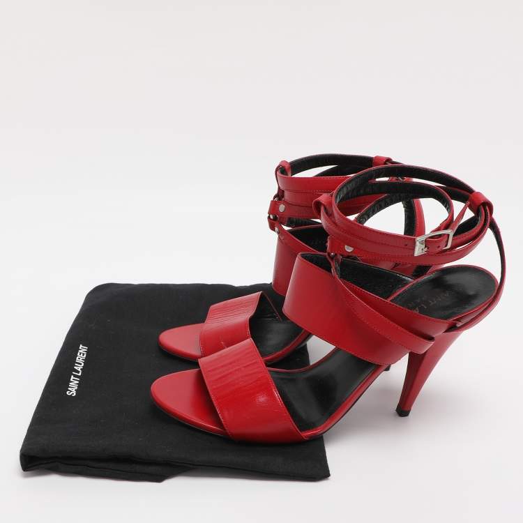 Pre Owned Saint Laurent Paris Red Leather Ankle Strap Sandals Size 38.5