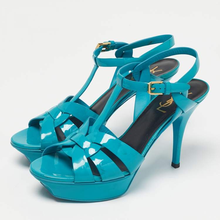 Pre Owned Saint Laurent Blue Patent Leather Tribute Platform Sandals Size 39