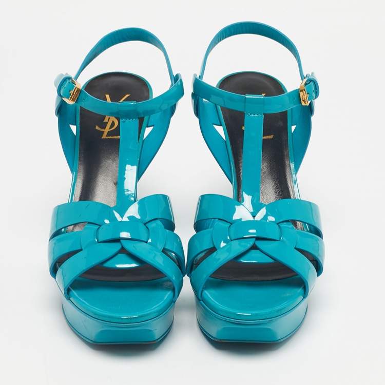 Pre Owned Saint Laurent Blue Patent Leather Tribute Platform Sandals Size 39