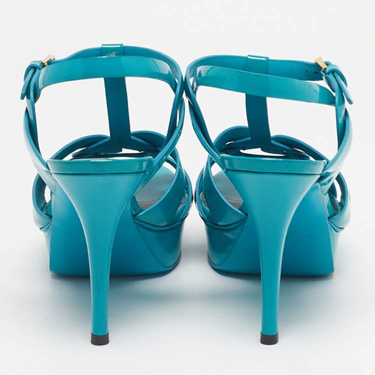 Pre Owned Saint Laurent Blue Patent Leather Tribute Platform Sandals Size 39