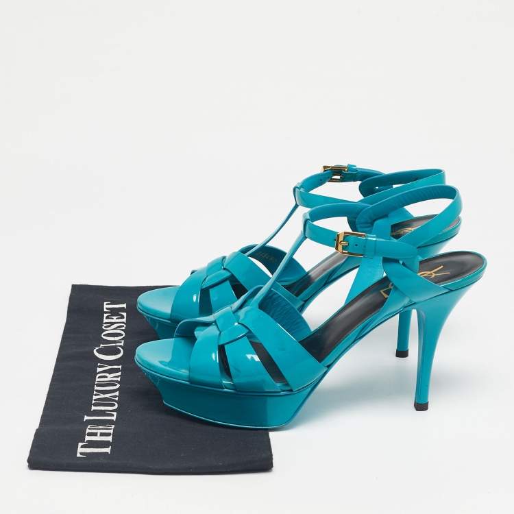 Pre Owned Saint Laurent Blue Patent Leather Tribute Platform Sandals Size 39