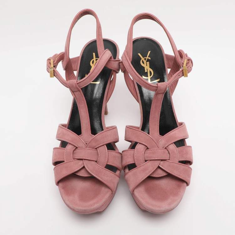 Pre Owned Saint Laurent Paris Pink Suede Tribute Platform Sandals Size 37.5