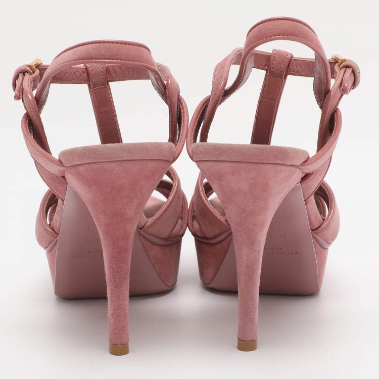 Pre Owned Saint Laurent Paris Pink Suede Tribute Platform Sandals Size 37.5