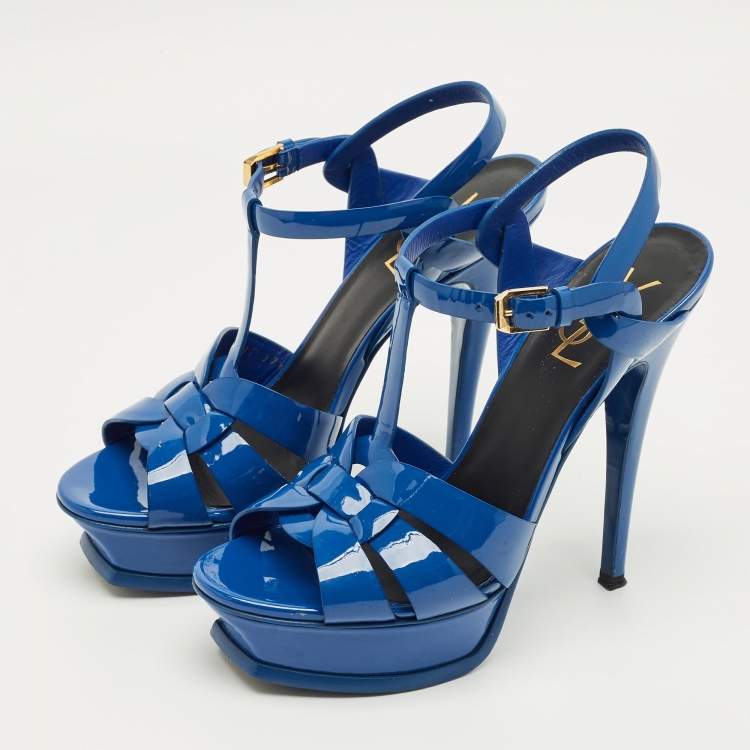 Pre Owned Saint Laurent Blue Patent Leather Tribute Platform Sandals Size 37.5