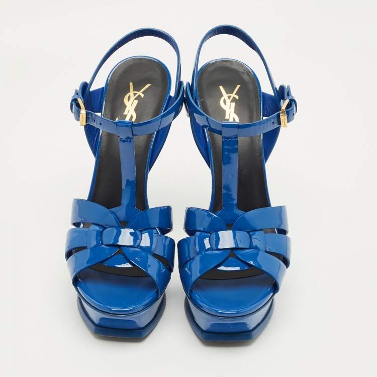 Pre Owned Saint Laurent Blue Patent Leather Tribute Platform Sandals Size 37.5