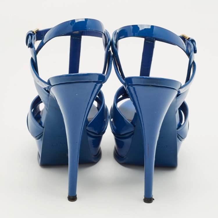 Pre Owned Saint Laurent Blue Patent Leather Tribute Platform Sandals Size 37.5