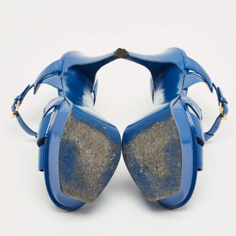 Pre Owned Saint Laurent Blue Patent Leather Tribute Platform Sandals Size 37.5