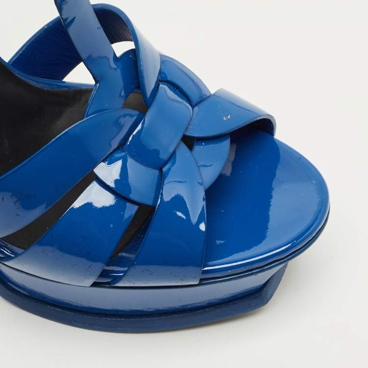 Pre Owned Saint Laurent Blue Patent Leather Tribute Platform Sandals Size 37.5