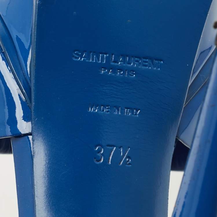 Pre Owned Saint Laurent Blue Patent Leather Tribute Platform Sandals Size 37.5