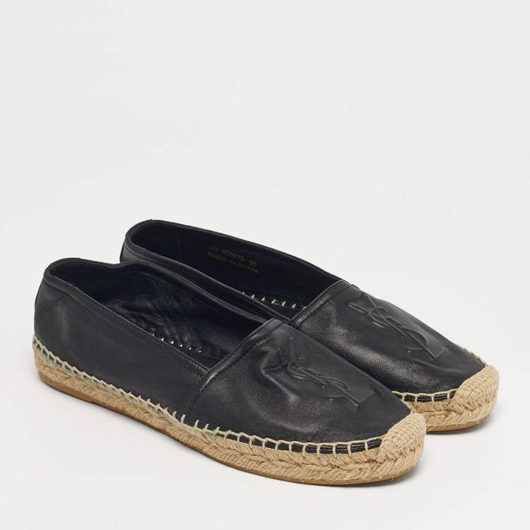 Pre Owned Saint Laurent Black Leather Logo Espadrille Flats Size 35