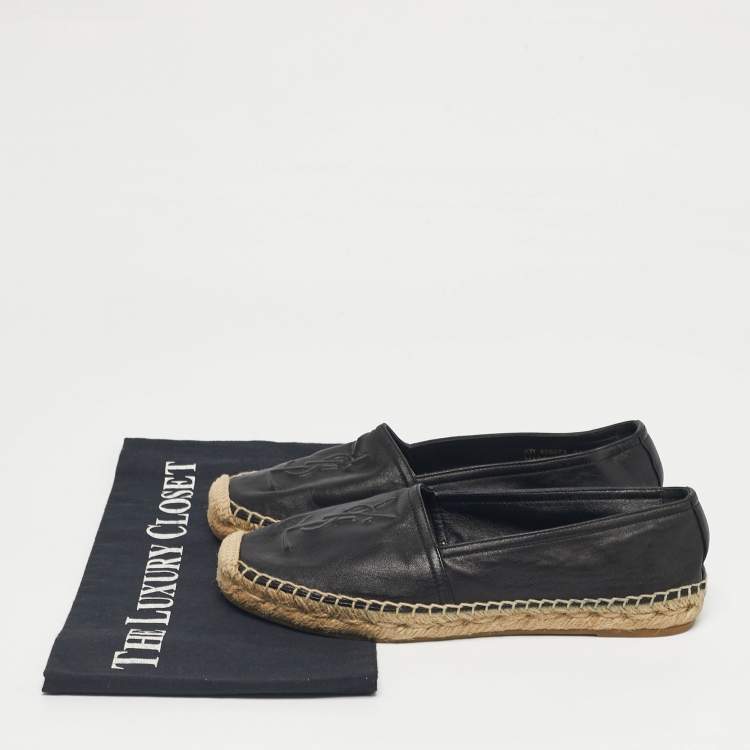 Pre Owned Saint Laurent Black Leather Logo Espadrille Flats Size 35