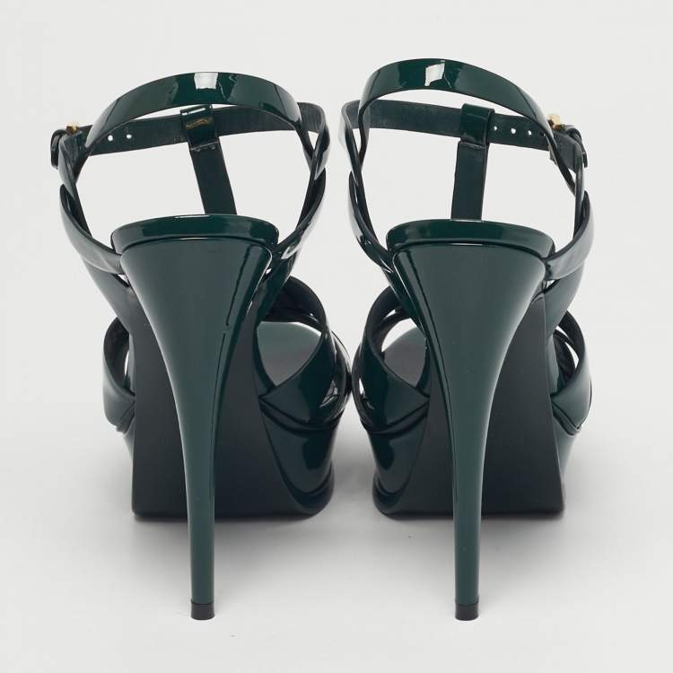 Pre Owned Saint Laurent Green Patent Leather Tribute Platform Sandals Size 38