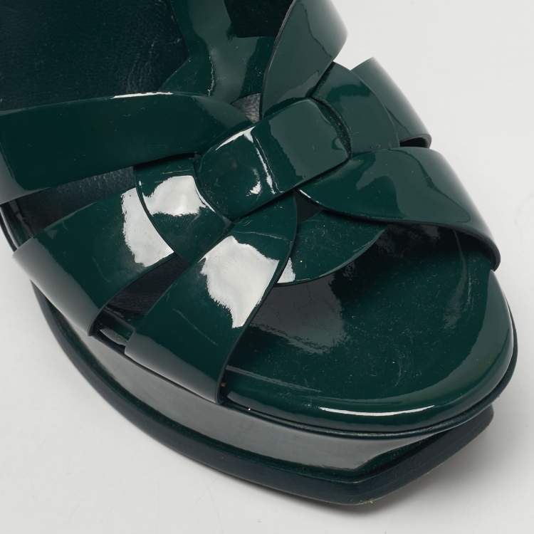Pre Owned Saint Laurent Green Patent Leather Tribute Platform Sandals Size 38