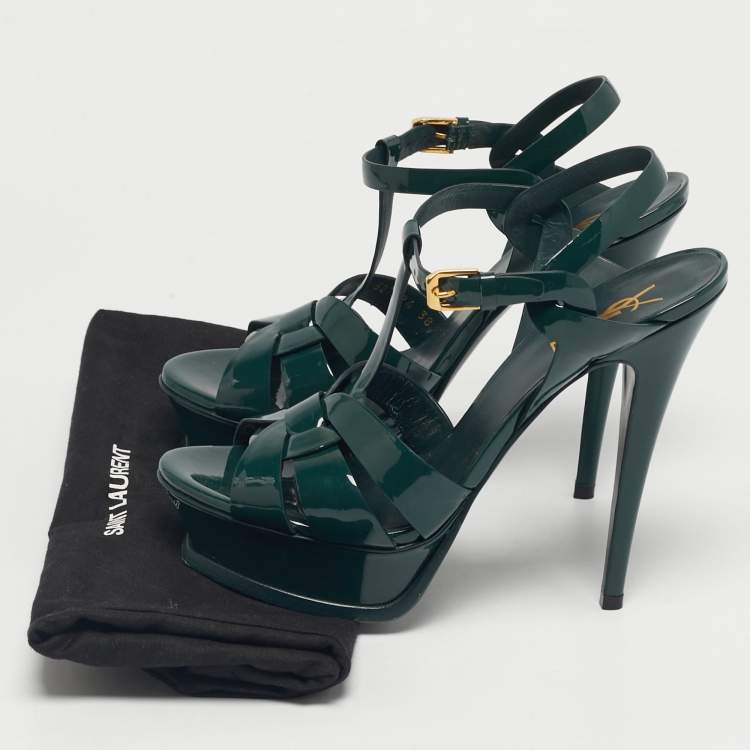 Pre Owned Saint Laurent Green Patent Leather Tribute Platform Sandals Size 38