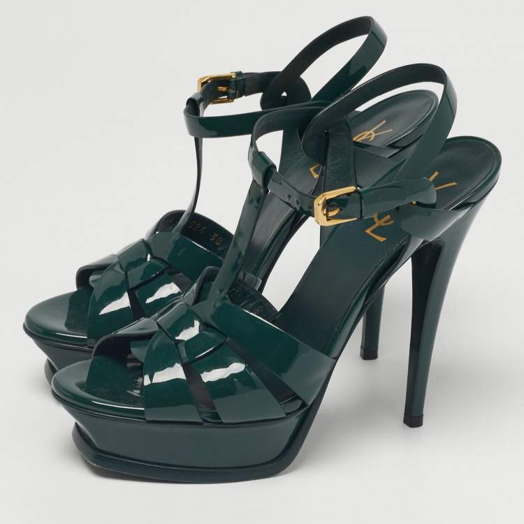 Pre Owned Saint Laurent Green Patent Leather Tribute Platform Sandals Size 38