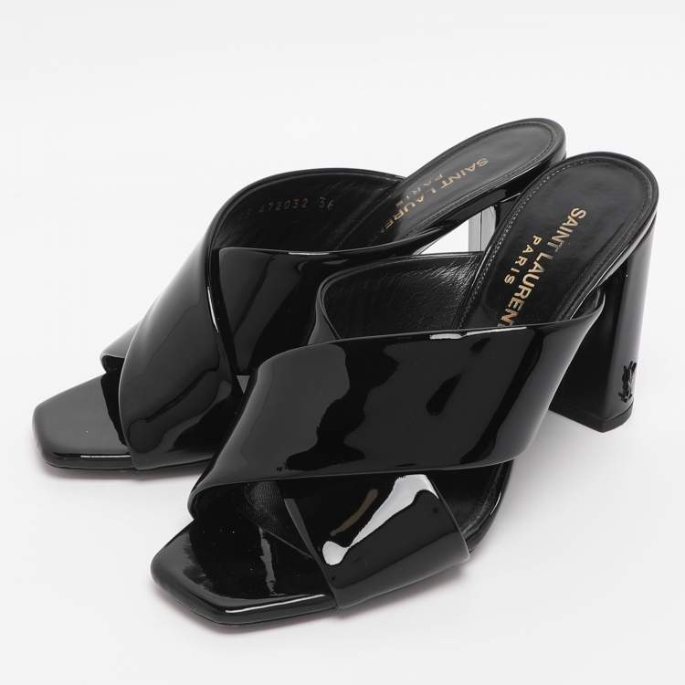 Pre Owned Saint Laurent Paris Black Patent Leather Loulou Slide Sandals Size 36