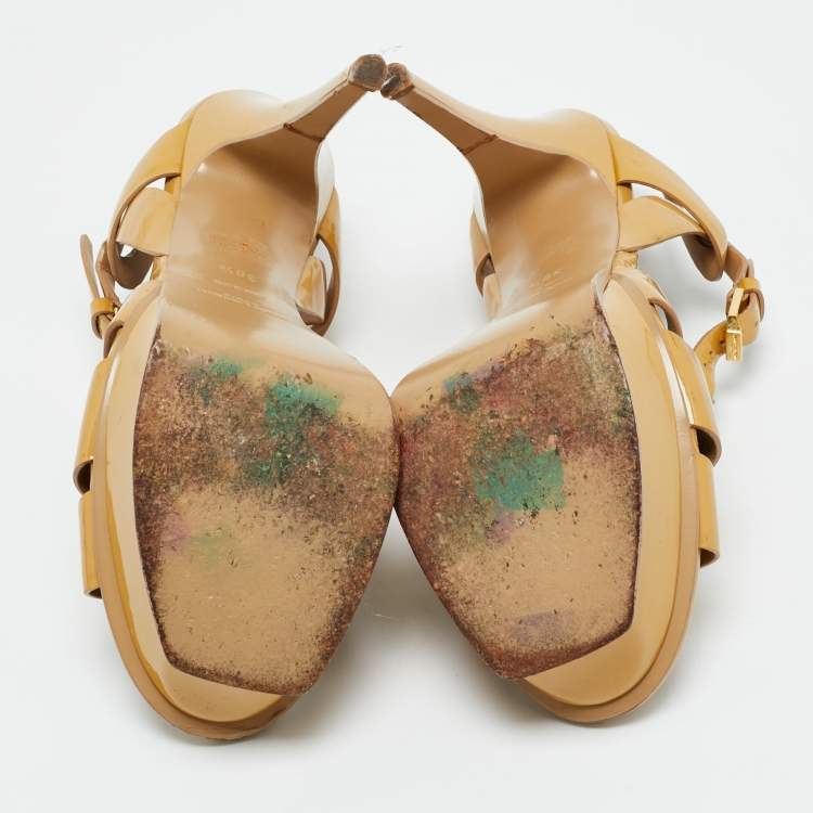 Pre Owned Saint Laurent Beige Patent Leather Tribute Platform Sandals Size 36.5