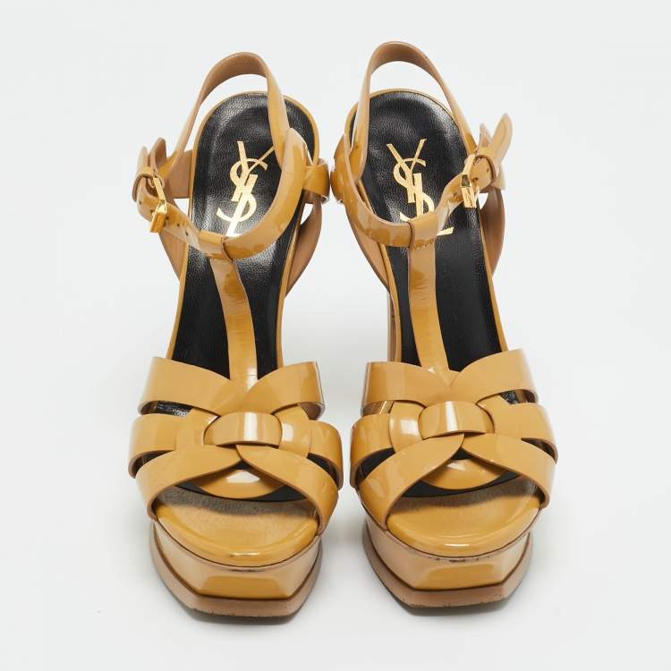 Pre Owned Saint Laurent Beige Patent Leather Tribute Platform Sandals Size 36.5