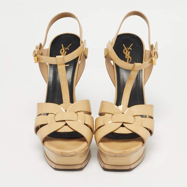 Pre Owned Saint Laurent Beige Patent Leather Tribute Platform Sandals Size 40