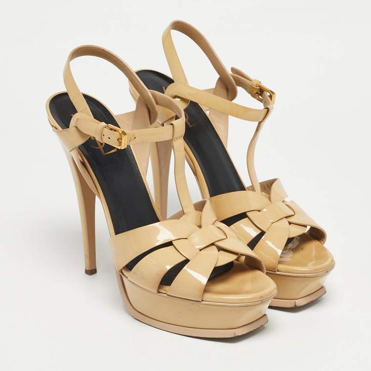 Pre Owned Saint Laurent Beige Patent Leather Tribute Platform Sandals Size 40