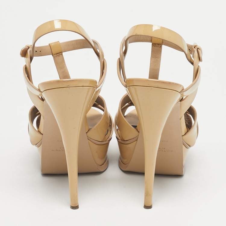 Pre Owned Saint Laurent Beige Patent Leather Tribute Platform Sandals Size 40