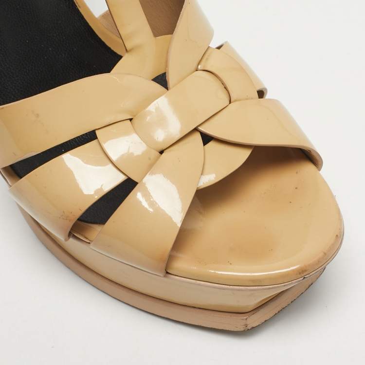 Pre Owned Saint Laurent Beige Patent Leather Tribute Platform Sandals Size 40