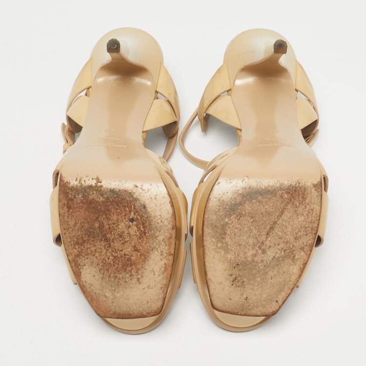Pre Owned Saint Laurent Beige Patent Leather Tribute Platform Sandals Size 40