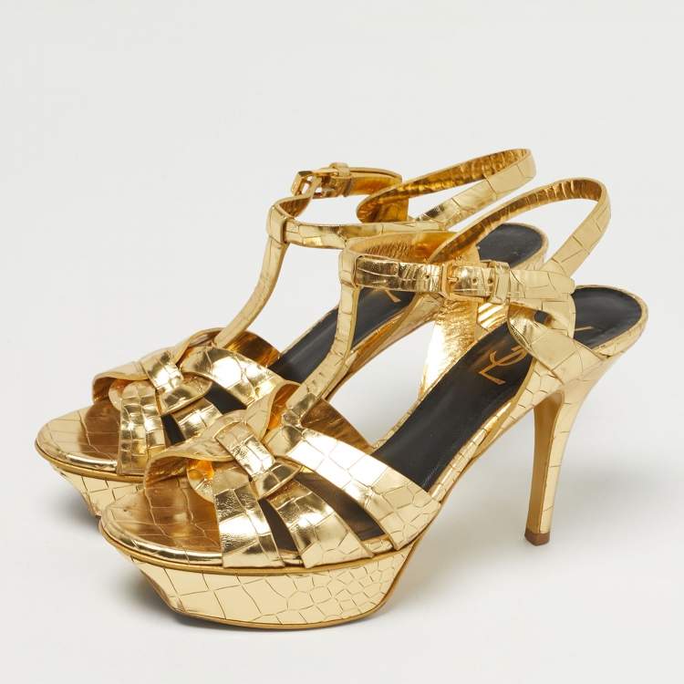 Pre Owned Saint Laurent Gold Croc Embossed Leather Tribute Platform Sandals Size 37.5