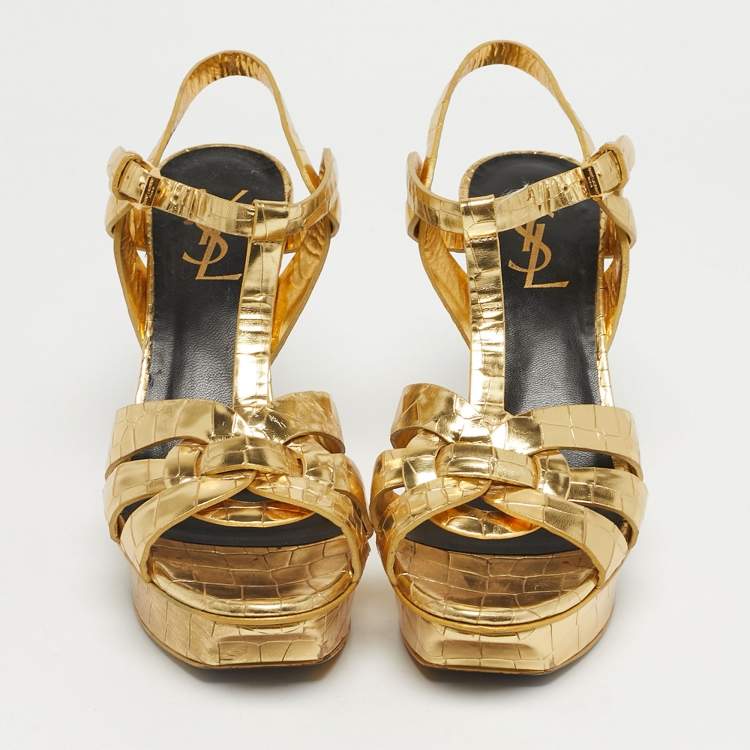Pre Owned Saint Laurent Gold Croc Embossed Leather Tribute Platform Sandals Size 37.5