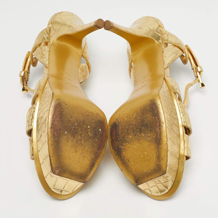 Pre Owned Saint Laurent Gold Croc Embossed Leather Tribute Platform Sandals Size 37.5