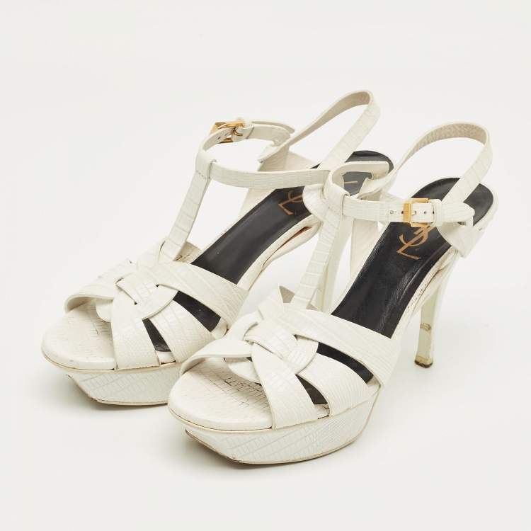 Pre Owned Saint Laurent White Lizard Embossed Leather Tribute Platform Sandals Size 37.5