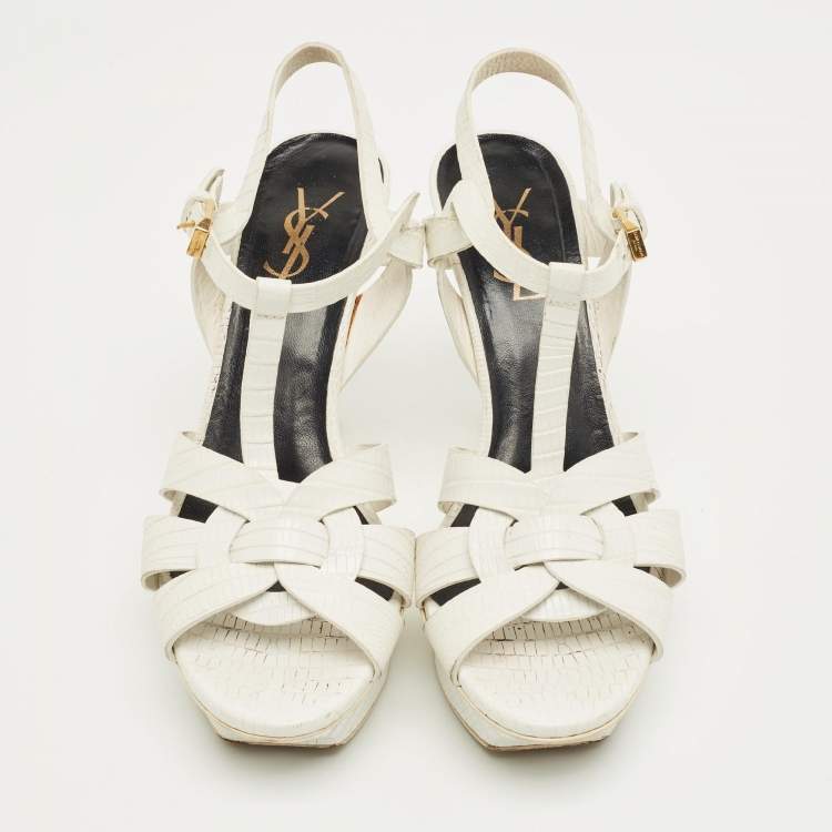 Pre Owned Saint Laurent White Lizard Embossed Leather Tribute Platform Sandals Size 37.5