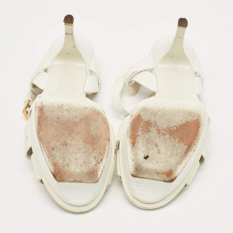 Pre Owned Saint Laurent White Lizard Embossed Leather Tribute Platform Sandals Size 37.5