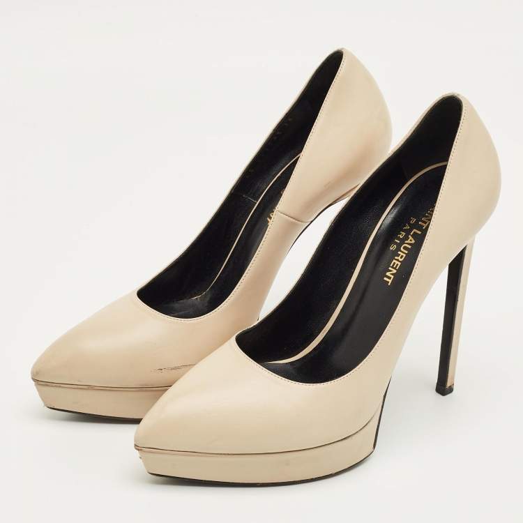 Pre Owned Saint Laurent Beige Leather Janis Pointed Toe Platform Pumps Size 38