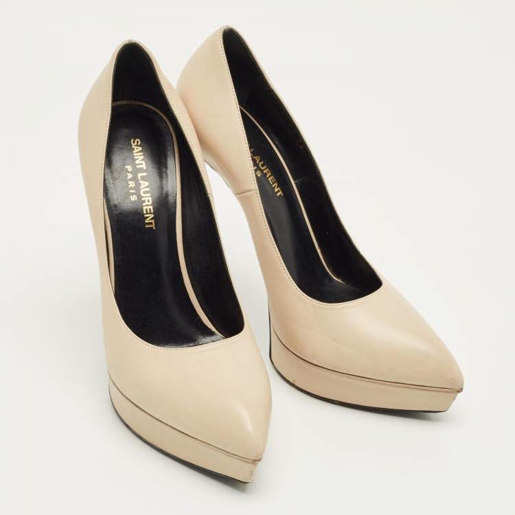 Pre Owned Saint Laurent Beige Leather Janis Pointed Toe Platform Pumps Size 38