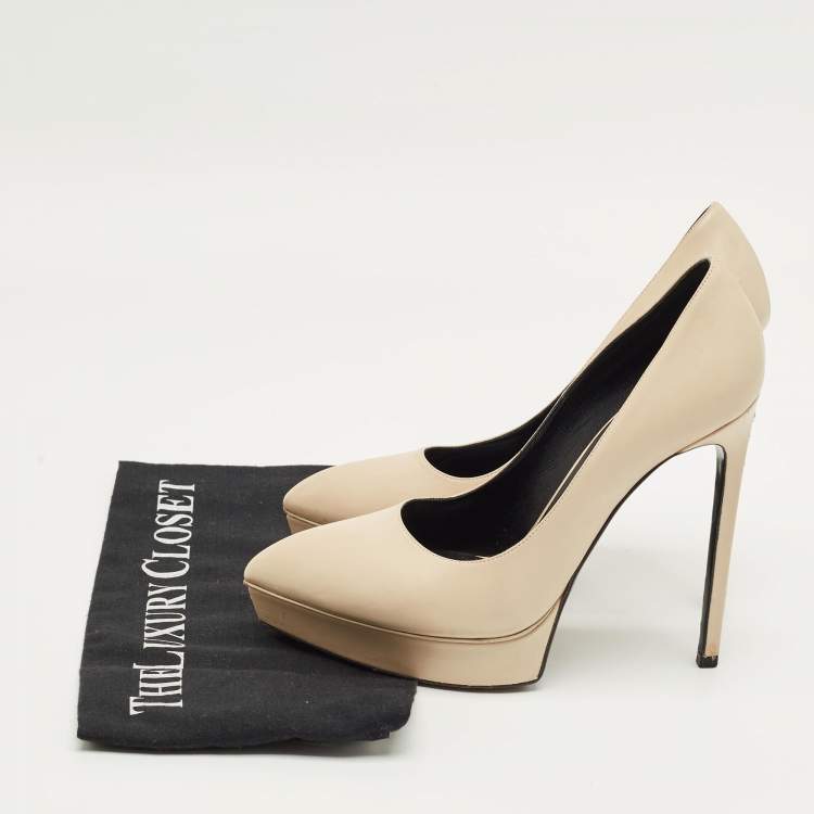 Pre Owned Saint Laurent Beige Leather Janis Pointed Toe Platform Pumps Size 38