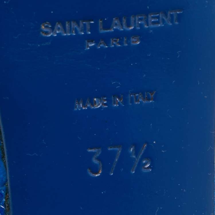 Pre Owned Saint Laurent Paris Blue Lizard Embossed Leather Tribute Platform Sandals Size 37.5