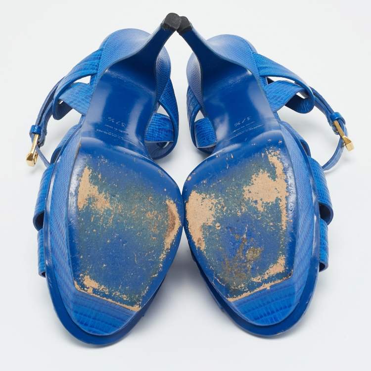 Pre Owned Saint Laurent Paris Blue Lizard Embossed Leather Tribute Platform Sandals Size 37.5