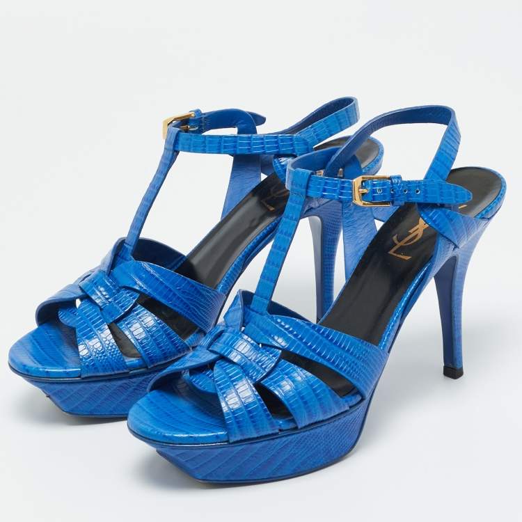 Pre Owned Saint Laurent Paris Blue Lizard Embossed Leather Tribute Platform Sandals Size 37.5