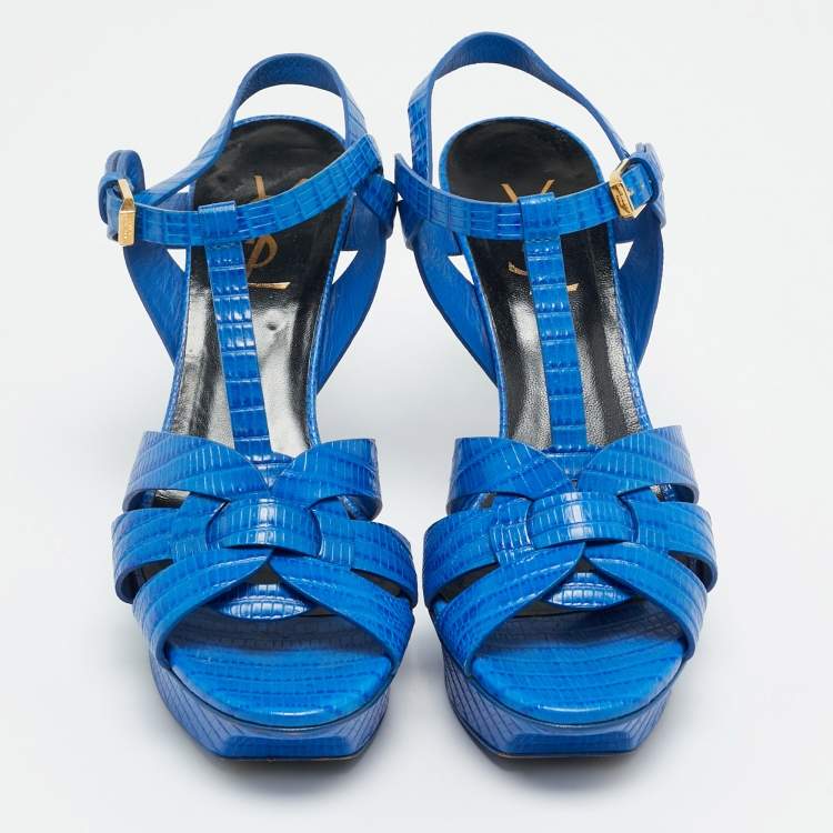 Pre Owned Saint Laurent Paris Blue Lizard Embossed Leather Tribute Platform Sandals Size 37.5