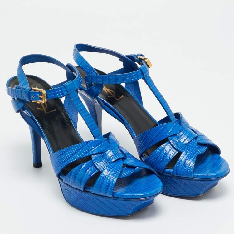 Pre Owned Saint Laurent Paris Blue Lizard Embossed Leather Tribute Platform Sandals Size 37.5