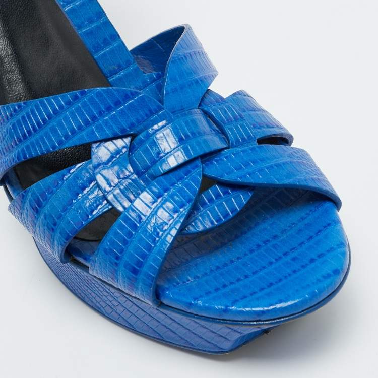Pre Owned Saint Laurent Paris Blue Lizard Embossed Leather Tribute Platform Sandals Size 37.5