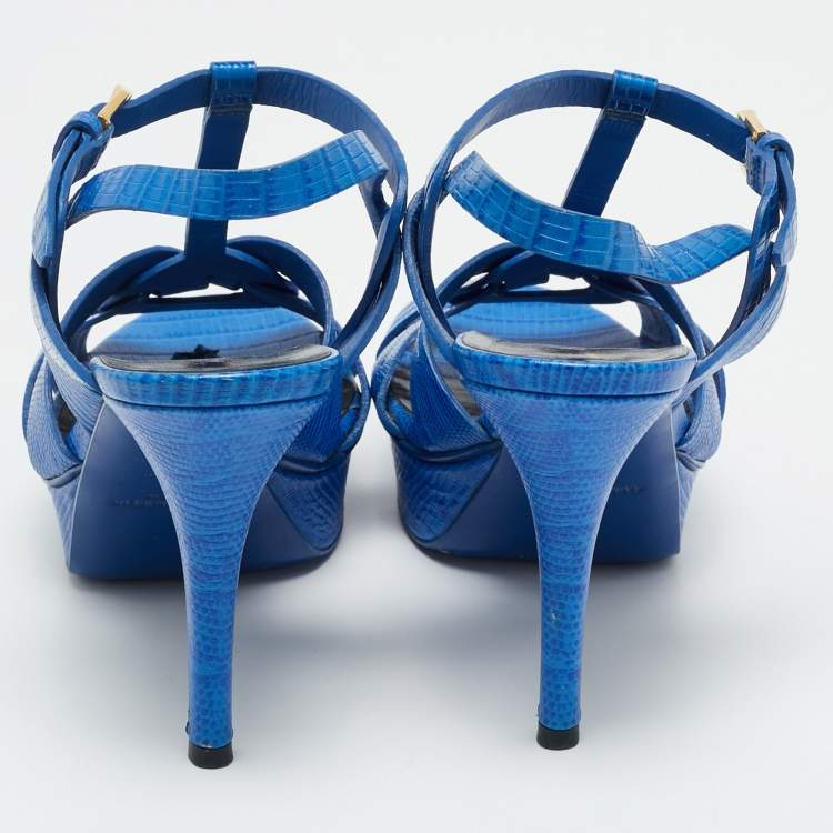 Pre Owned Saint Laurent Paris Blue Lizard Embossed Leather Tribute Platform Sandals Size 37.5