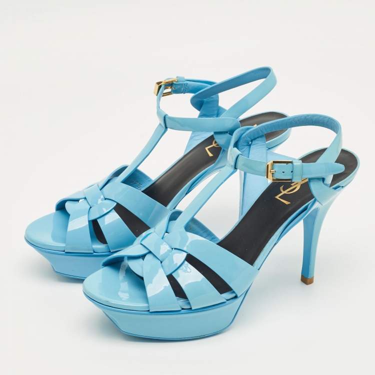 Pre Owned Saint Laurent Paris Sky Blue Patent Leather Tribute Platform Sandals Size 37.5