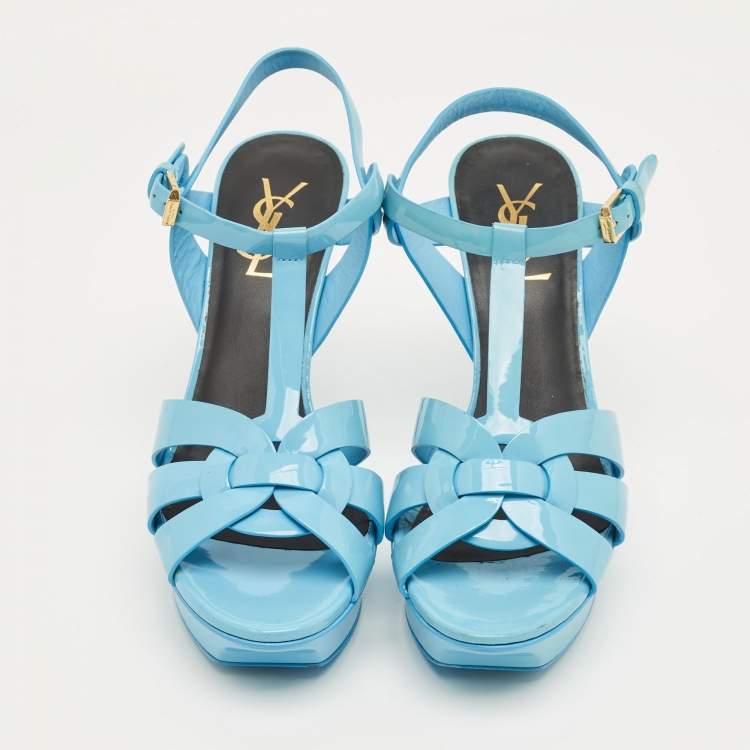 Pre Owned Saint Laurent Paris Sky Blue Patent Leather Tribute Platform Sandals Size 37.5