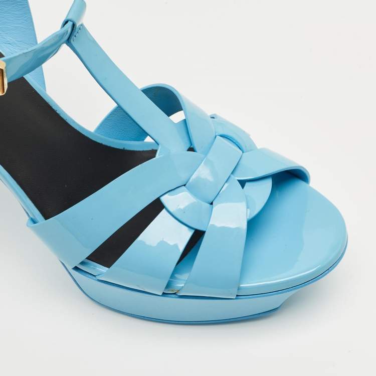 Pre Owned Saint Laurent Paris Sky Blue Patent Leather Tribute Platform Sandals Size 37.5