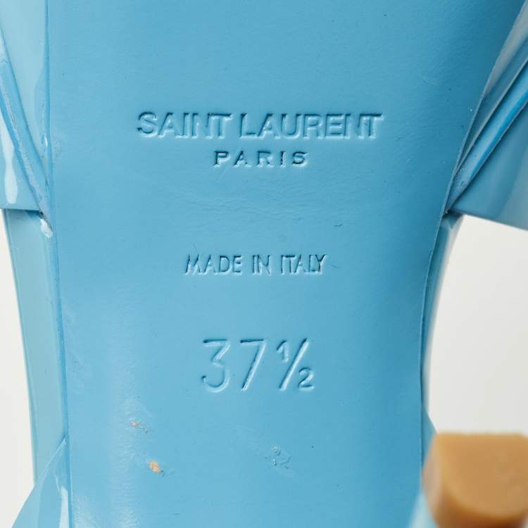 Pre Owned Saint Laurent Paris Sky Blue Patent Leather Tribute Platform Sandals Size 37.5