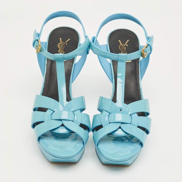 Pre Owned Saint Laurent Blue Patent Leather Platform Sandals Size 40