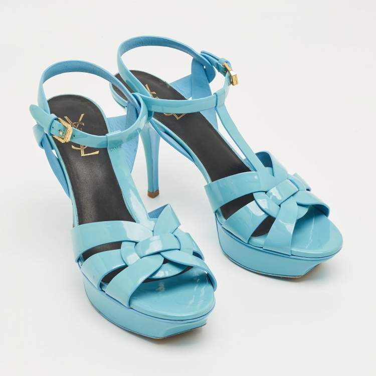 Pre Owned Saint Laurent Blue Patent Leather Platform Sandals Size 40